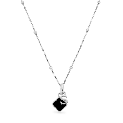 Black Enamel Clover & Initial Necklace (Silver)