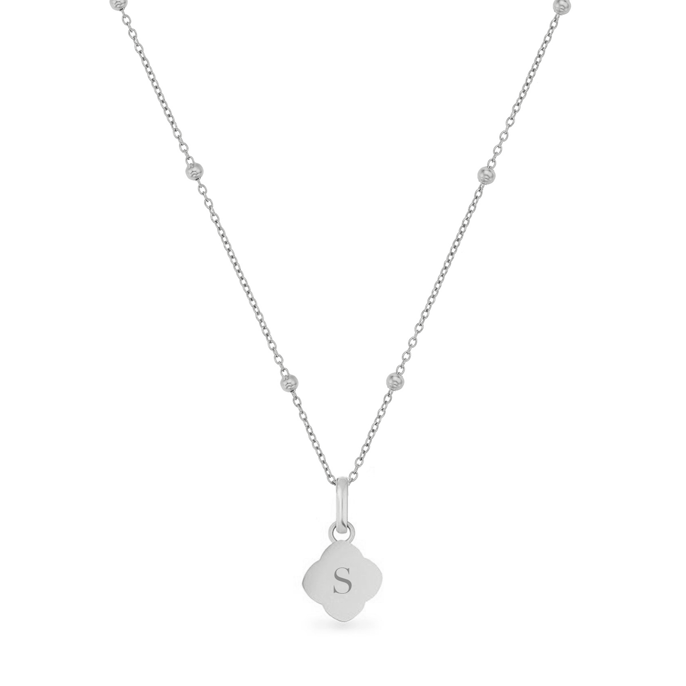 Black Enamel Clover & Initial Necklace (Silver)