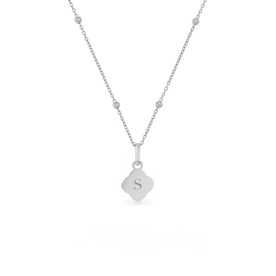 Black Enamel Clover & Initial Necklace (Silver)