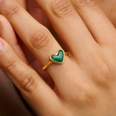 Green Quartz Heart Ring & Huggie Earrings Set (Gold)